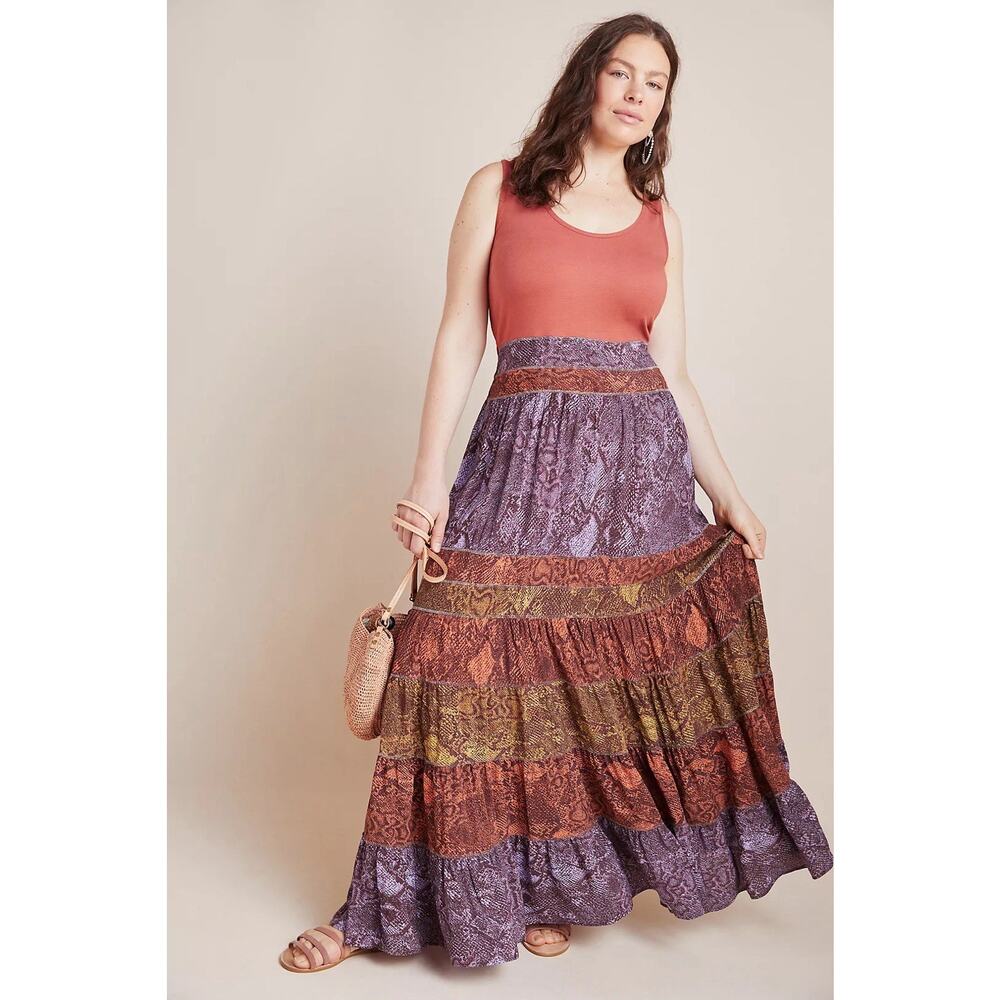 ANTHROPOLOGIE Size 3X COLIMA SNAKE PRINT MAXI DRESS Tiered Boho